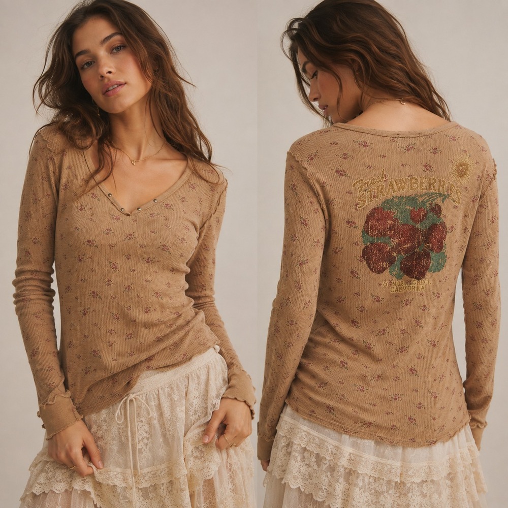 Buffalo David Bitton Womens Y2K Thermal Top Size XL Strawberry Fruit Market Boho